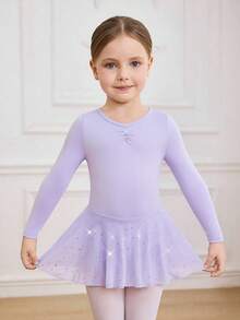 Robe de danse de ballet en maille tricotée lavande avec sequins pour jeunes filles, tenue de danse ajustée avec nœud papillon au dos, stretch douce - Parme - Voir 2