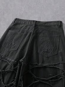 Manfinity Denimwave 男士休闲破洞毛边黑色阔腿牛仔裤 - 黑色 - 查看 8