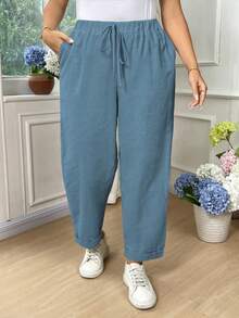 EMERY ROSE Plus Size Women Cotton Fold-Over Waist Tie Casual Pants Fall - Dark Wash - View 7