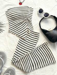 SHEIN Teen Girls Black & White Knitted Jacquard Cropped Camisole & Asymmetrical Hem Flared Pants 2 Pieces Casual Vacation Set - Black and White - View 1