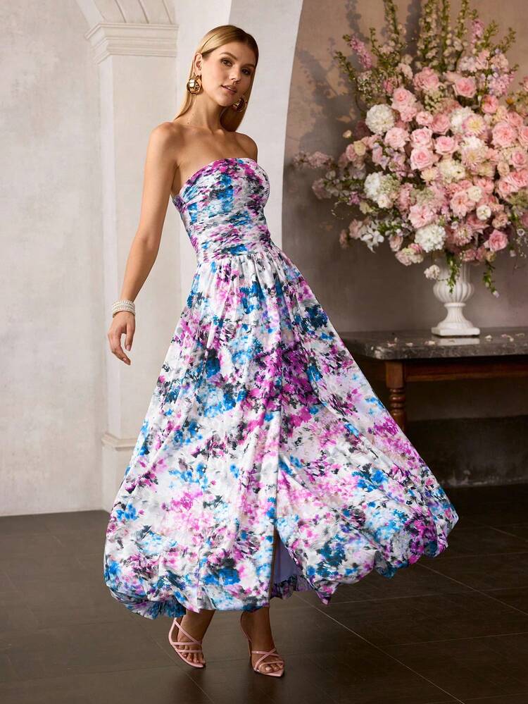 MOTF Soiréza WOMEN'S ELEGANT FORM-FITTING ELEGANT BUST RUCHED MAXI FLORAL PRINT DRESS, BACK TIE SPAGHETTI STRAPS & UMBRELLA HEM , PERFECT FOR WEDDINGS, PARTIES & FESTIVE EVENTS