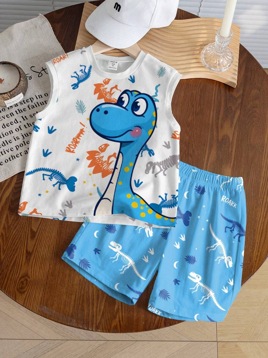 Set de 2 piezas de chaleco y pantalones cortos con cuello redondo para niños pequeños, estampado de dinosaurio todo sobre, estilo minimalista de ropa urbana, adecuado para deportes al aire libre y uso diario, primavera/verano/otoño - Multicolor - Ver 1