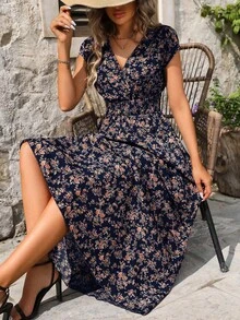 SHEIN LUNE 女式花卉印花褶皱腰连衣裙 女式长款服装 - 彩色 - 查看 5