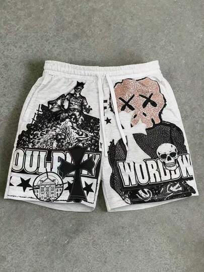 Glimmora Men's Casual Fashion Street Cross & Skull Print Drawstring Waist Loose Shorts, Summer
