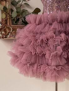 Lovelzi 优雅奢华3D珍珠刺绣网纱拼接无肩带不对称层叠荷叶边可调节系带连衣裙，适合约会、度假、单身派对、婚礼、返校、舞会等场合。 - 藕粉色 - 查看 5