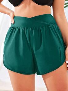 Swim Vcay Short Asymmetrical Size For Summer Bikini Solid Color - Green - View 4
