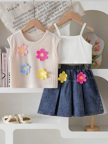 Elladie kids Conjunto de 3 piezas para niñas pequeñas: Blusa sin mangas con aplicación floral elegante y casual + Camiseta blanca simple y cómoda + Falda vaquera casual - Multicolor - Ver 5
