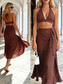 Pariaura Conjunto retro sexy con top halter de escote profundo en V con base marrón y lunares blancos / falda larga de cintura alta - Marrón - Ver 1