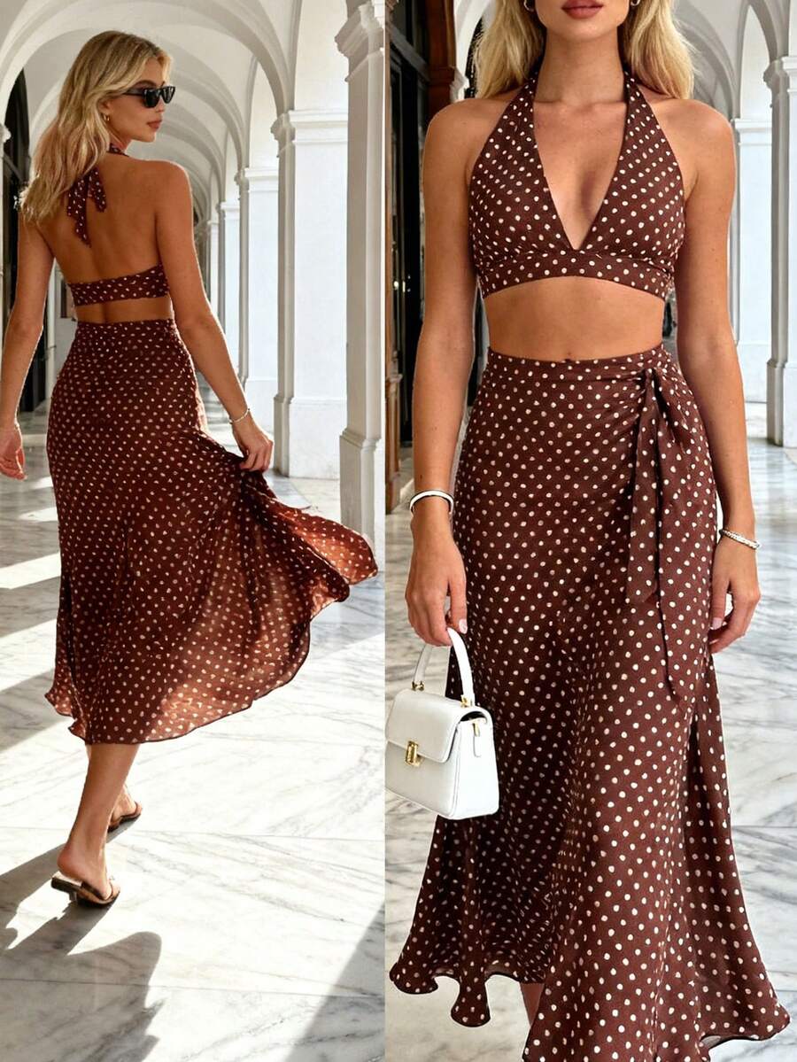 Pariaura Conjunto retro sexy con top halter de escote profundo en V con base marrón y lunares blancos / falda larga de cintura alta - Marrón - Ver 1