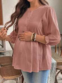 SHEIN 孕妇休闲纯色简约衬衫 - 西瓜粉 - 查看 3