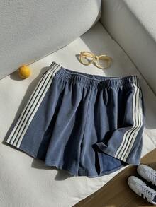 SHEIN EZwear Quần short nữ cỡ lớn màu xanh nhuộm tie-dye kẻ sọc bên hông - Màu xanh lam - Xem 6