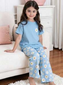 SHEIN Young Girl Daisy Print Short Sleeve T-Shirt And Pants Loungewear Set - Blue - View 3