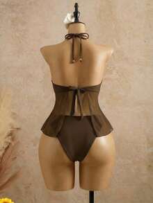 Bellisia 女士纯色褶皱挂脖系带吊带背心式泳衣套装，包含上衣和三角泳裤，适合外出、海滩、下午茶、野餐、派对等场合。 - 棕色 - 查看 2