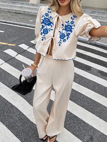 Serisse Women's Floral Print Tie Front Top And Wide Leg Pants Casual 2 Pieces Set,Vacation Outfits Women - Blue - View 3