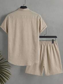 Surfspeed Bộ đồ đi biển dành cho nam giới, gồm áo sơ mi ngắn tay màu trơn cài một hàng khuy và quần short cạp chun có dây rút. - Màu Khaki - Xem 3