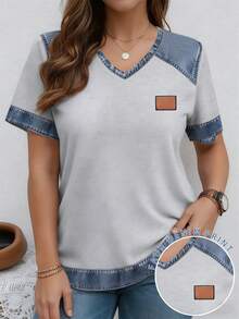 EMERY ROSE Printed Patchwork Pattern V-Neck Short Sleeve Casual Plus Size T-Shirt, Spring & Summer - Multicolor - View 1