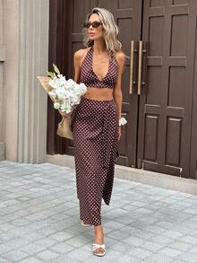 Pariaura Conjunto retro sexy con top halter de escote profundo en V con base marrón y lunares blancos / falda larga de cintura alta - Marrón - Ver 3
