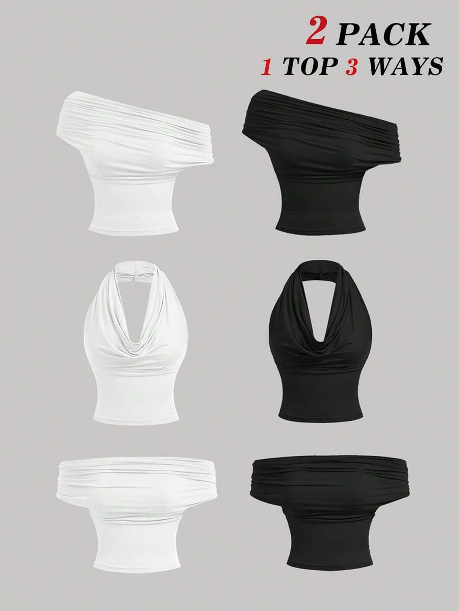 SHEIN Girlism 少女休闲露肩两件套,纯色吊带背心 - 黑與白 - 查看 1