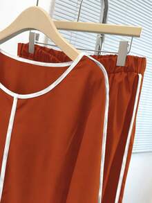 EMERY ROSE Plus Size Women 2 Pieces Set, Contrast Color Round Neck Long Sleeve Top And Pants, Casual Daily Wear - Orange - View 5