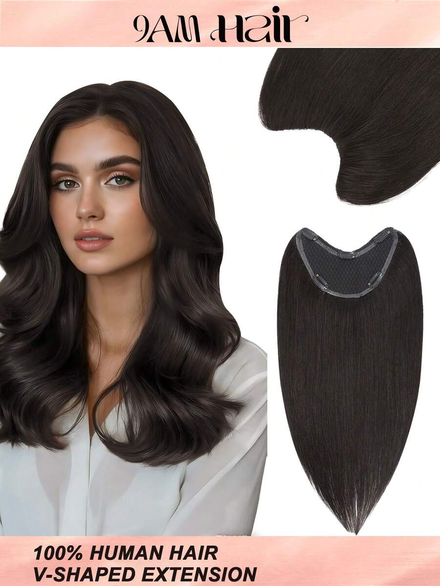 One Piece V‑Shaped Clip In Hair Extensions Top‑V Human Hair, Natural Black Straight Hair, Lightweight Breathable Invisible Design, Easy To Style, Volume Boost For All Hair Types, Ideal Hair Accessories For Women Daily Wear & Fashion Styling - Natural Black - View 1