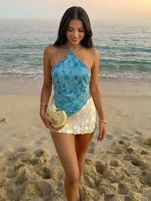 Aloruh 亮片刺绣性感露背吊带背心，优雅适合派对、音乐节和夏季穿着 - 藍色 - 查看 4