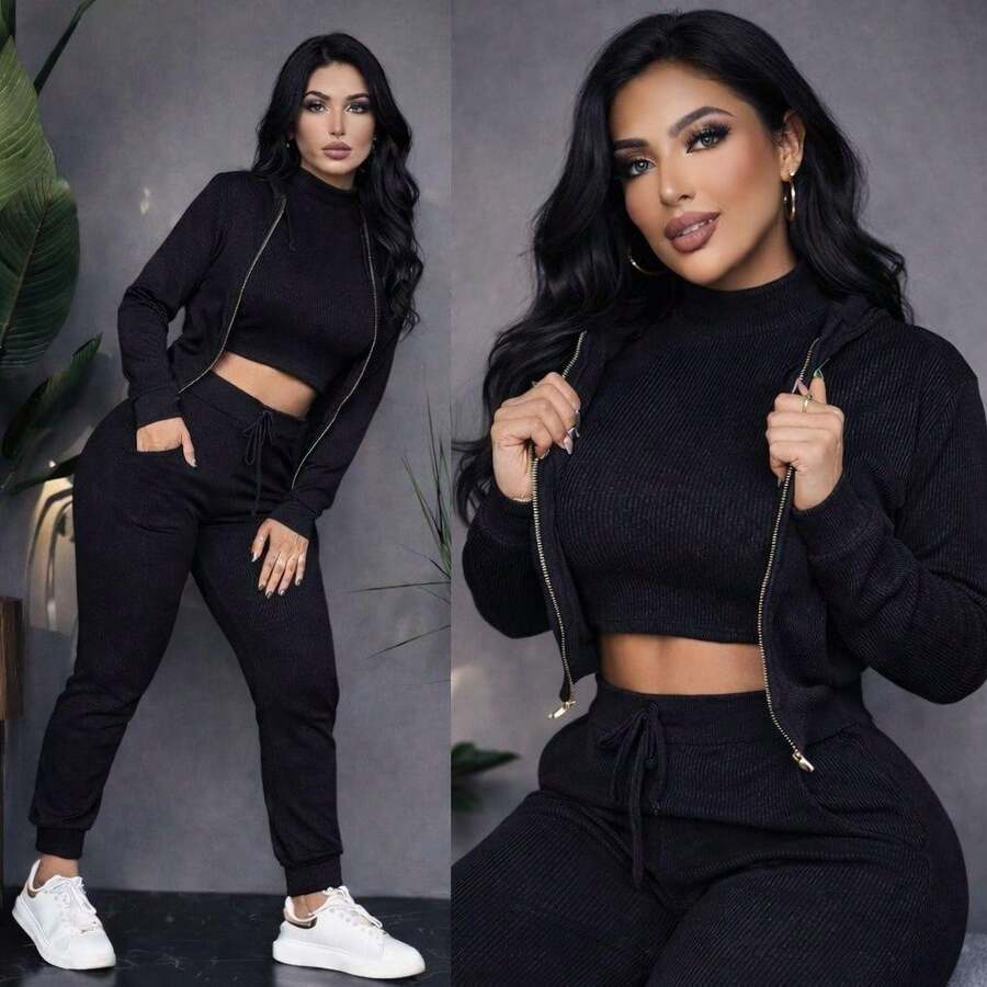 Super Comfortable And Stylish 3-Piece Set, Made Of Ribbed Fabric, Soft, Comfortable And With Excellent Fit. - Black - View 1