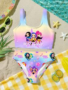 少女休闲简约卡通女孩泳装套装，亮紫色，卡通女孩团体泳衣印花图案背心式泳衣，适合夏季穿着 - 彩色 - 查看 2