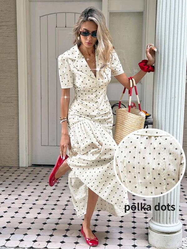 Serisse Conjunto de 2 piezas de blusa y falda elegante con estampado de lunares para mujer