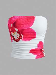 SHEIN Top de tirantes para niña preadolescente, corte slim fit, casual, minimalista, cómodo, con estampado floral y detalle fruncido lateral - Rosa - View 4