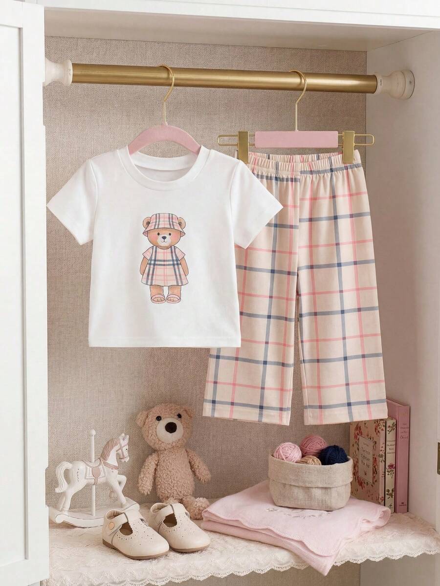 Souflis Souflis 2件套幼儿女童0-3岁休闲可爱小熊图案短袖T恤和裤子套装，春夏款 - 粉色 - 查看 1