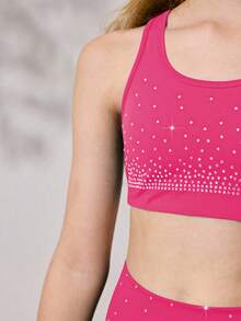 Bộ đồ thể thao cho bé gái tuổi teen, áo và quần short, màu hồng cánh sen | Chất liệu co giãn cao với các hạt pha lê lấp lánh, phù hợp cho tập thể dục dụng cụ và khiêu vũ. - Màu Hồng Tươi - Xem 8