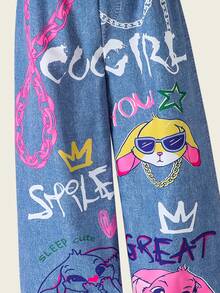 Sparklyn 休闲时尚卡通印花仿牛仔弹力腰阔腿裤，适合青少年女孩，宽松舒适，适合秋季、春季、夏季日常穿着、通勤、户外活动、篮球、足球、上学、街头风、派对、拍照等场合。 - 藍色 - 查看 3