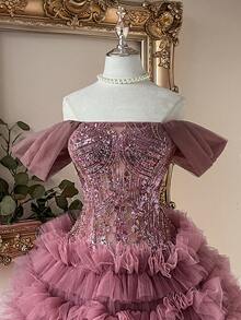 Lovelzi 优雅奢华3D珍珠刺绣网纱拼接无肩带不对称层叠荷叶边可调节系带连衣裙，适合约会、度假、单身派对、婚礼、返校、舞会等场合。 - 藕粉色 - 查看 4