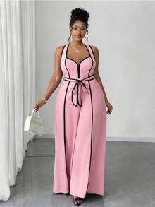 Maweii Plus Size Sexy Off-The-Shoulder Bow Jumpsuit - Pink - View 4