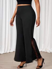SHEIN Tall CURVE 大码女式蕾丝拼接休闲百搭日常喇叭裤 - 黑色 - 查看 3