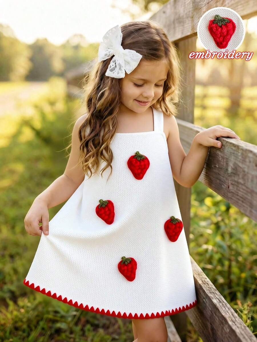 SHEIN Elladie kids 女童可爱简约新款连衣裙,正面草莓3D贴花,波浪形下摆红色装饰,镂空杏色面料,无袖吊带裙,适合可爱、俏皮、淑女的休闲穿着,适合日常上学、海滩度假、郊游等场合。春夏女童无袖连衣裙,夏季连衣裙,儿童白色可爱连衣裙,Ehomkid女童派对连衣裙,草莓连衣裙,儿童草莓连衣裙,优雅刺绣女童夏季连衣裙,优雅派对连衣裙,夏季服装。 - 彩色 - 查看 1