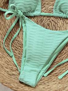 Swim Mod 新款褶皱条纹蓝白细肩带扭结侧高衩比基尼两件套泳衣，女士沙滩度假装 - 薄荷藍 - 查看 4