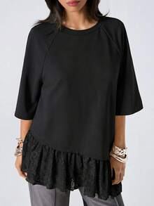 LYSMO 2026 New Minimalist Spring Women's Round Neck Lace Patchwork Casual Everyday Mid-Sleeve T-Shirt, 2026 New Black T-Shirt For Summer Women - Black - View 5