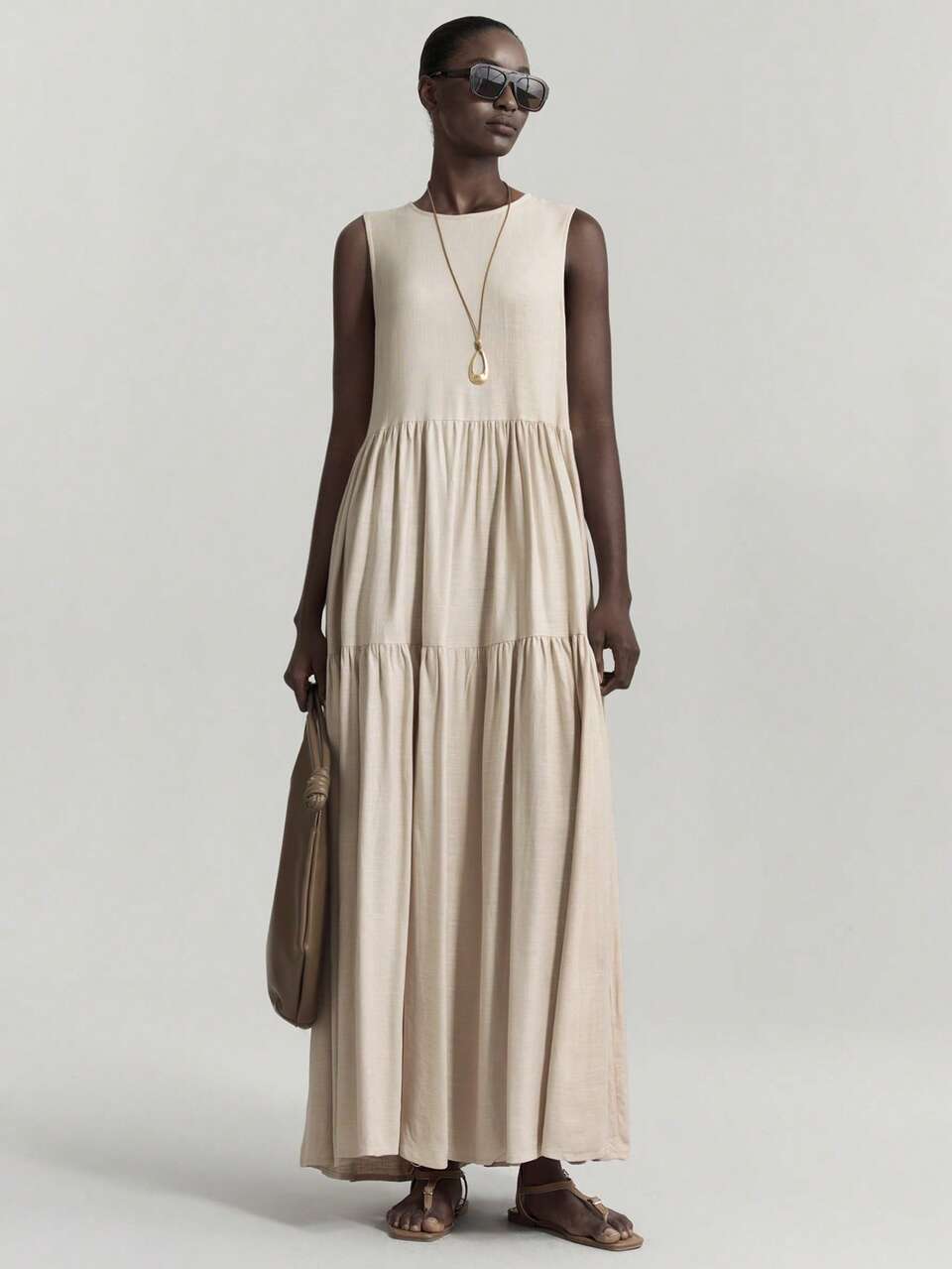 Women's Sleeveless Maxi Dress, Light Beige Summer Effortless Chic Holiday Vacation, Round Neck Woven Linen Fabric Casual Modest Elegant Skirt