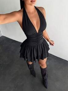 SHEIN SXY 女士休闲性感露背多层蛋糕迷你连衣裙，适合日常穿着 - 黑色 - 查看 5