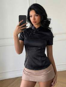 Aloruh Áo sơ mi satin cài cúc kiểu Trung Quốc mới, thanh lịch, thường ngày dành cho nữ. - màu đen - Xem 5