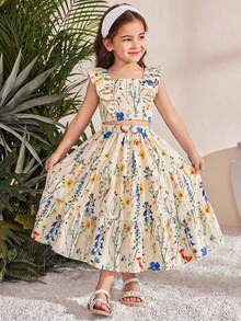 SHEIN Young Girl Floral Print Ruffle Hem Camisole And Skirt Set, Casual Vacation - White - View 3