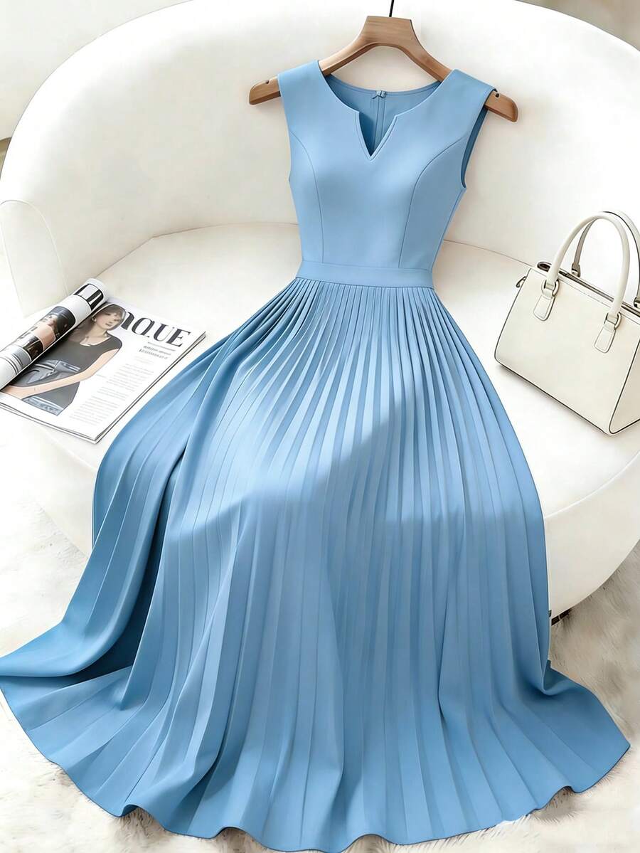 Franclia Women's V-Neck Pleated Waist Sleeveless Casual Flared Dress, Spring/Summer Baby Blue Dress Women Blue Dress Latest Dress
