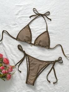Elavelle Bộ 2 món bikini gợi cảm họa tiết da báo dành cho nữ, kiểu dây mảnh và buộc hông, thích hợp cho mùa hè. - Nhiều màu - Xem 4