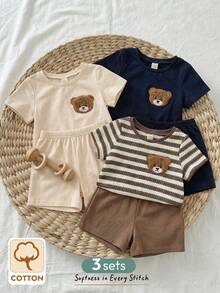 Cozy Pixies Bộ 6 món cho bé trai gồm áo tay ngắn cổ tròn in hình gấu hoạt hình và quần short cạp chun. - Nhiều màu - Xem 6