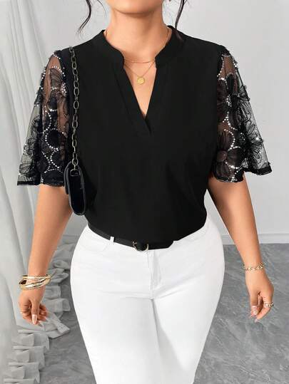 Elenzga Plus Size Women V-Neck Mesh Casual Fashion Blouse