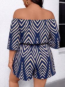 Breezaya Plus Size Off-The-Shoulder Color-Blocked Romper With Elastic Waist,Spring Summer Fall Winte Vacation Work Outfits For Beach Fashion Country Stripe Sea - Blue - View 2