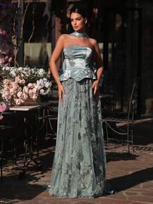 Glamrae Đầm maxi ren satin tay dài đính cườm và kim sa sang trọng, gợi cảm, không dây vai, thích hợp cho đám cưới, sự kiện, tiệc tùng, kỳ nghỉ, dạ hội (được trang trí cầu kỳ). - Màu xanh nhạt - Xem 1