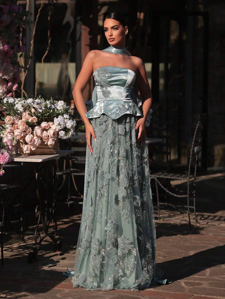 Glamrae Đầm maxi ren satin tay dài đính cườm và kim sa sang trọng, gợi cảm, không dây vai, thích hợp cho đám cưới, sự kiện, tiệc tùng, kỳ nghỉ, dạ hội (được trang trí cầu kỳ). - Màu xanh nhạt - Xem 1