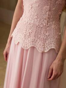 MOTF PREMIUM SUMMER DESIGN MESH PATCHWORK SLEEVELESS CONTRAST GUIPURE LACE ELEGANT ELEGANT PLEATED DRESS FOR WOMEN - Pink - View 4